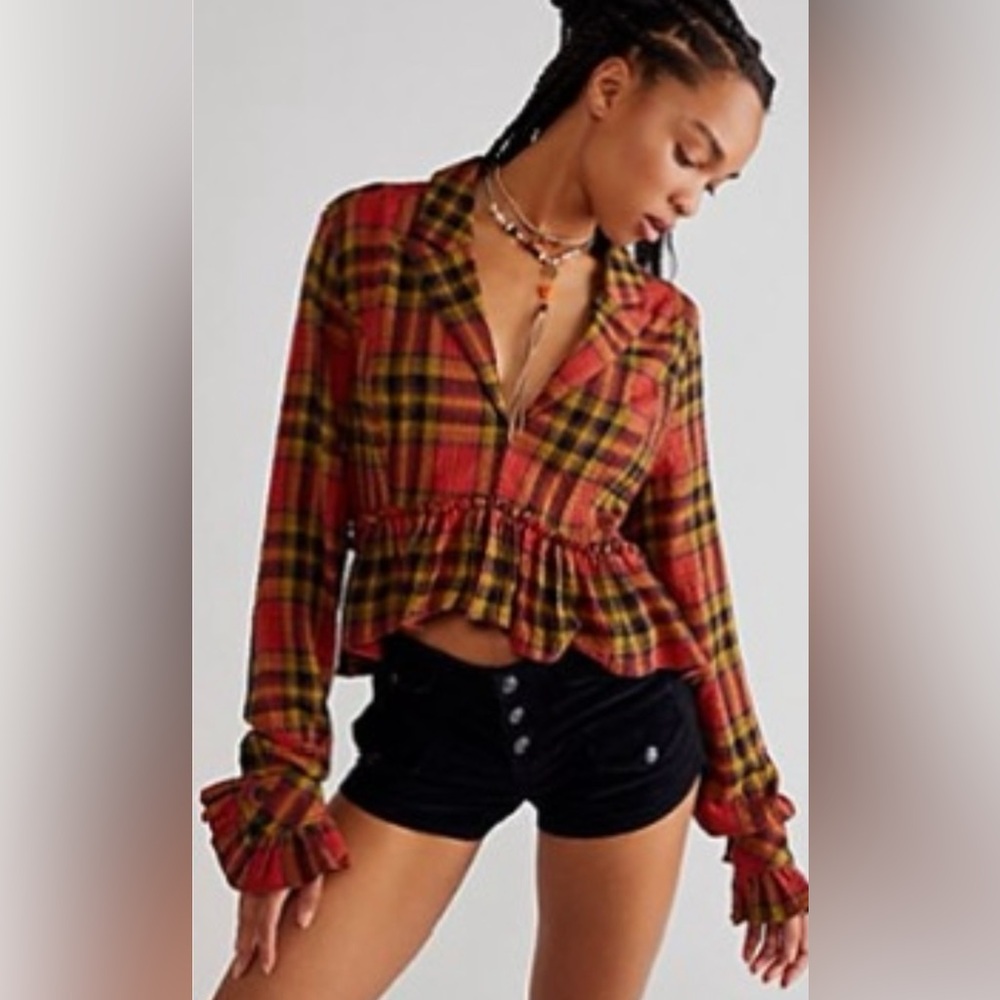 Free People Ruffled up plaid shirt Brick combo